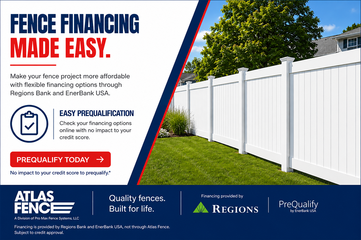 Photo of fence with financing info similar to text below